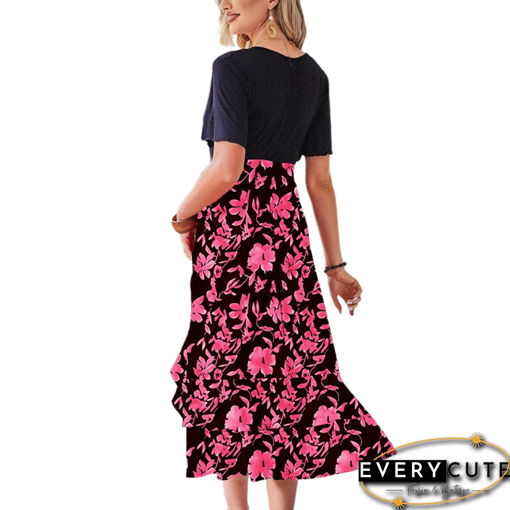 Purple Floral Print Splicing V Neck Dress with Slit