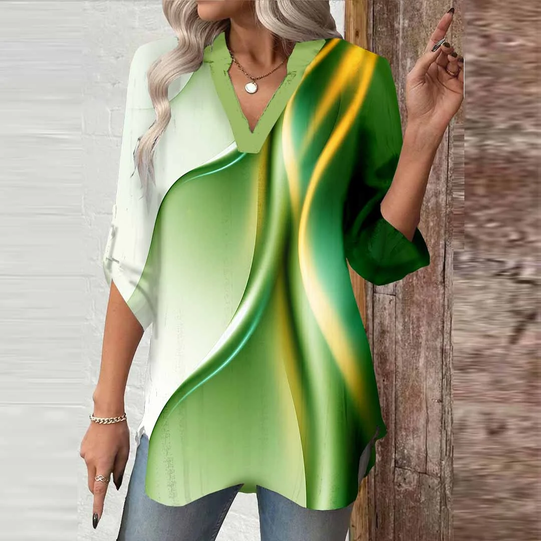 Women Texture, Green DZGA0698 3/4 Sleeve V-neck Printed Graphic Button Tops