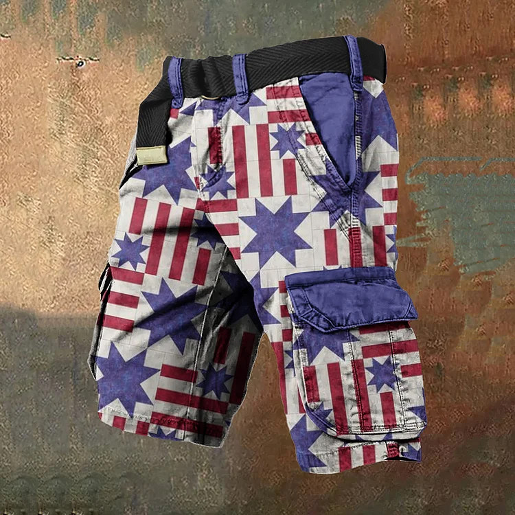 Men's Vintage American Flag Independence Day  Patchwork Patch&nbsp;print Cargo Shorts
