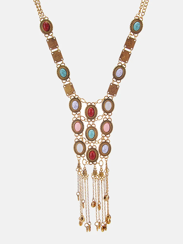 Vintage Boho Rhinestone Colorful Beads Long Tassel Necklace