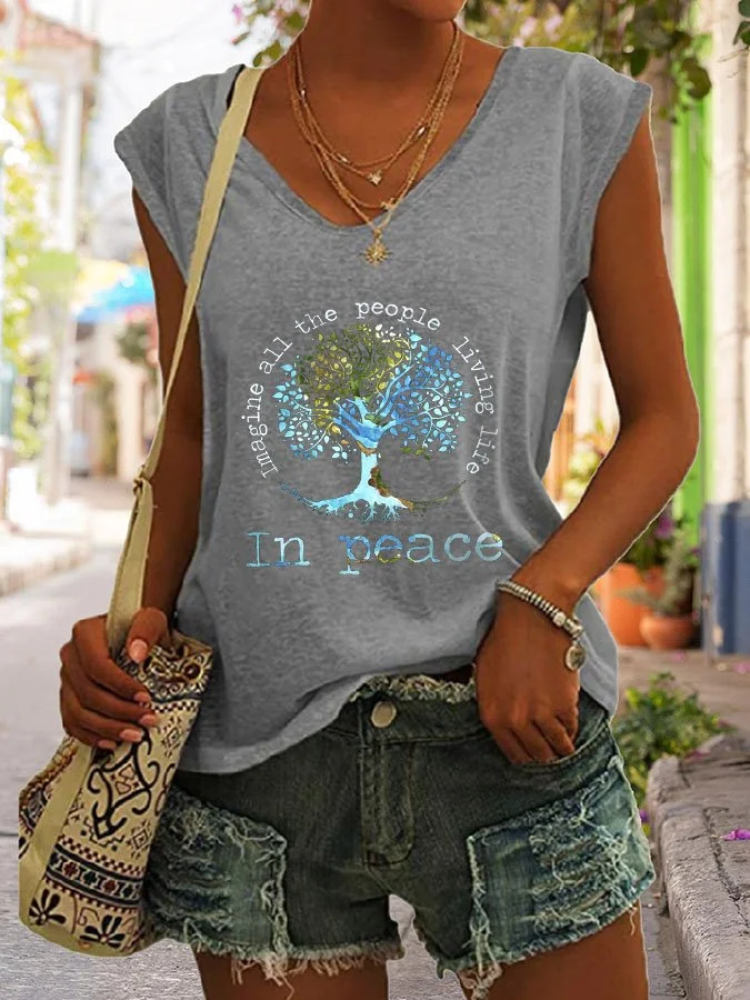Retro Imagine All The People Living Life In Peace Print T-Shirt socialshop
