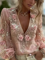 Women's Vintage Pink Floral Embroidered Art V-neck Long Sleeve Linen Blend Blouse