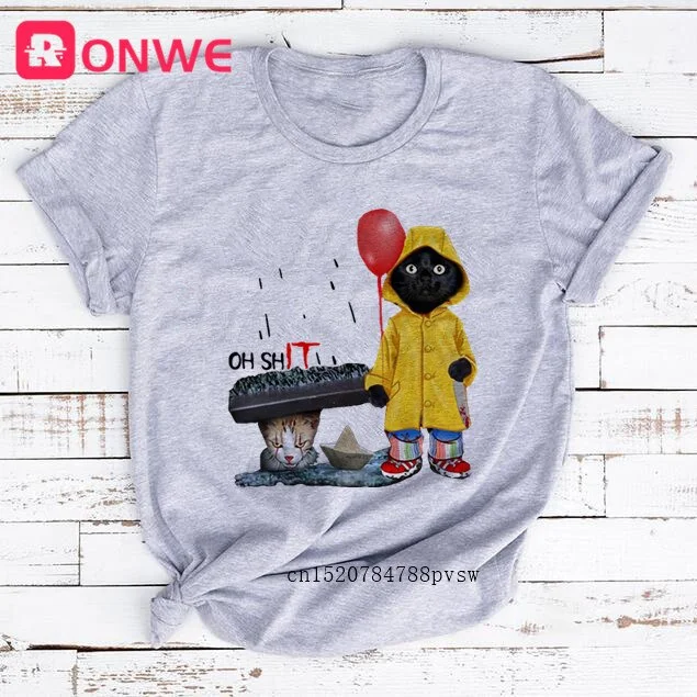 Women Funny Black Cat Print Tshirt Girl Harajuku Casual White Top Tees Female 90s Clothes,Drop Shipping