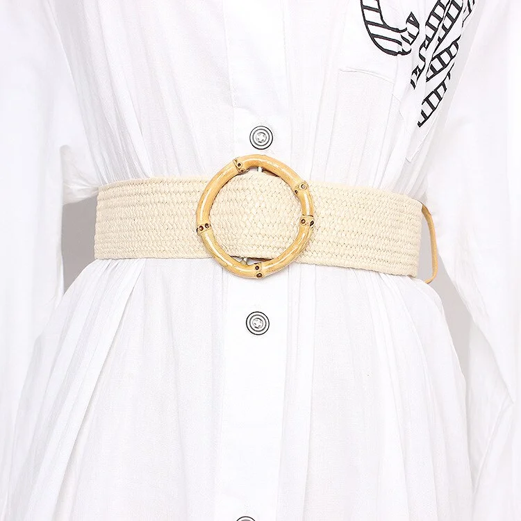 Designer's new natural bamboo buckle women's belt holiday wind seaside Bohemian bamboo buckle grass woven elastic belt girdle