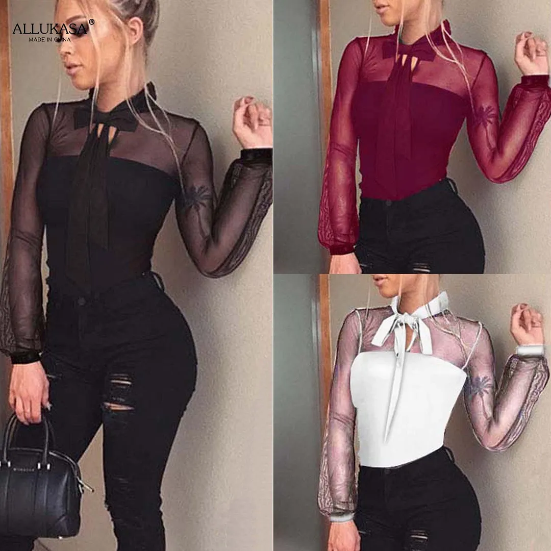 Mesh Bodysuits Long Sleeve Elegant O Neck Solid Lace Up Slim Skinny Ladies Sexy Club Party  Fashion Leotard Rompers womens tops