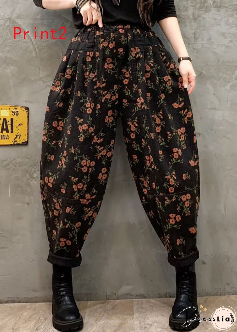 Vintage Floral Print Elastic Waist Denim Harlan Pants Autumn