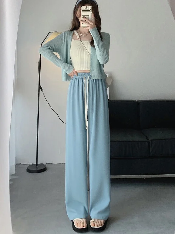 Summer Women Long Striaght Pants Casual Elastic Waist Long Wide leg pants Female Casual Spring Female Pants Trousers