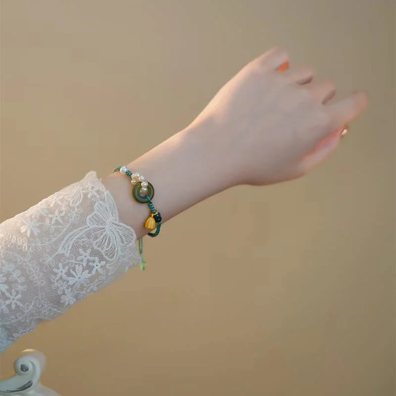 Natural Hetian Jade Peace Buckle Pearl Luck Handcrafted Braided Bracelet