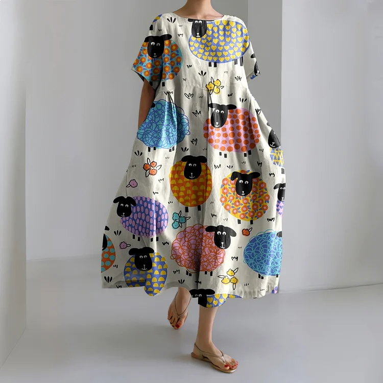 Vintage Farm Sheep Pattern Linen Blend Dress
