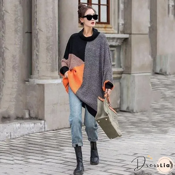 New Irregular Contrast Color O-Neck Collar Pullover Loose Fashion Womens Sweater Winter