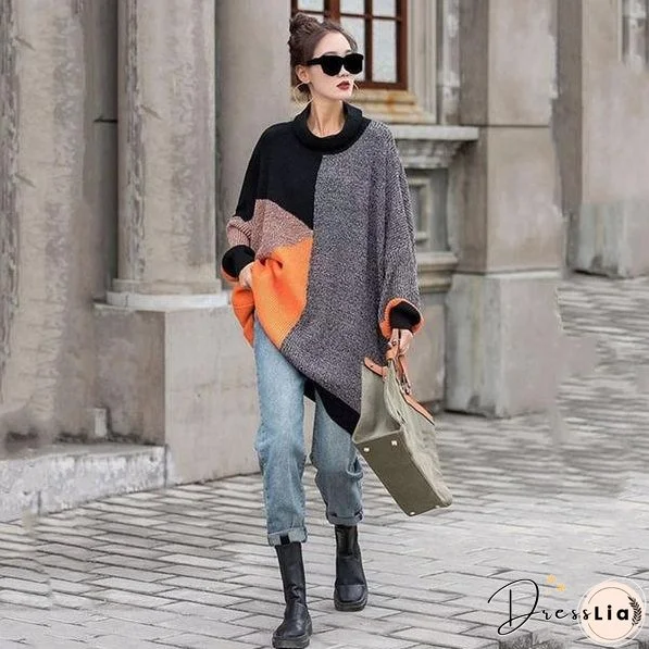 Knitting Splicing Women Sweater Winter The New Irregular Contrast Color O-neck Collar Pullover Loose Fashion