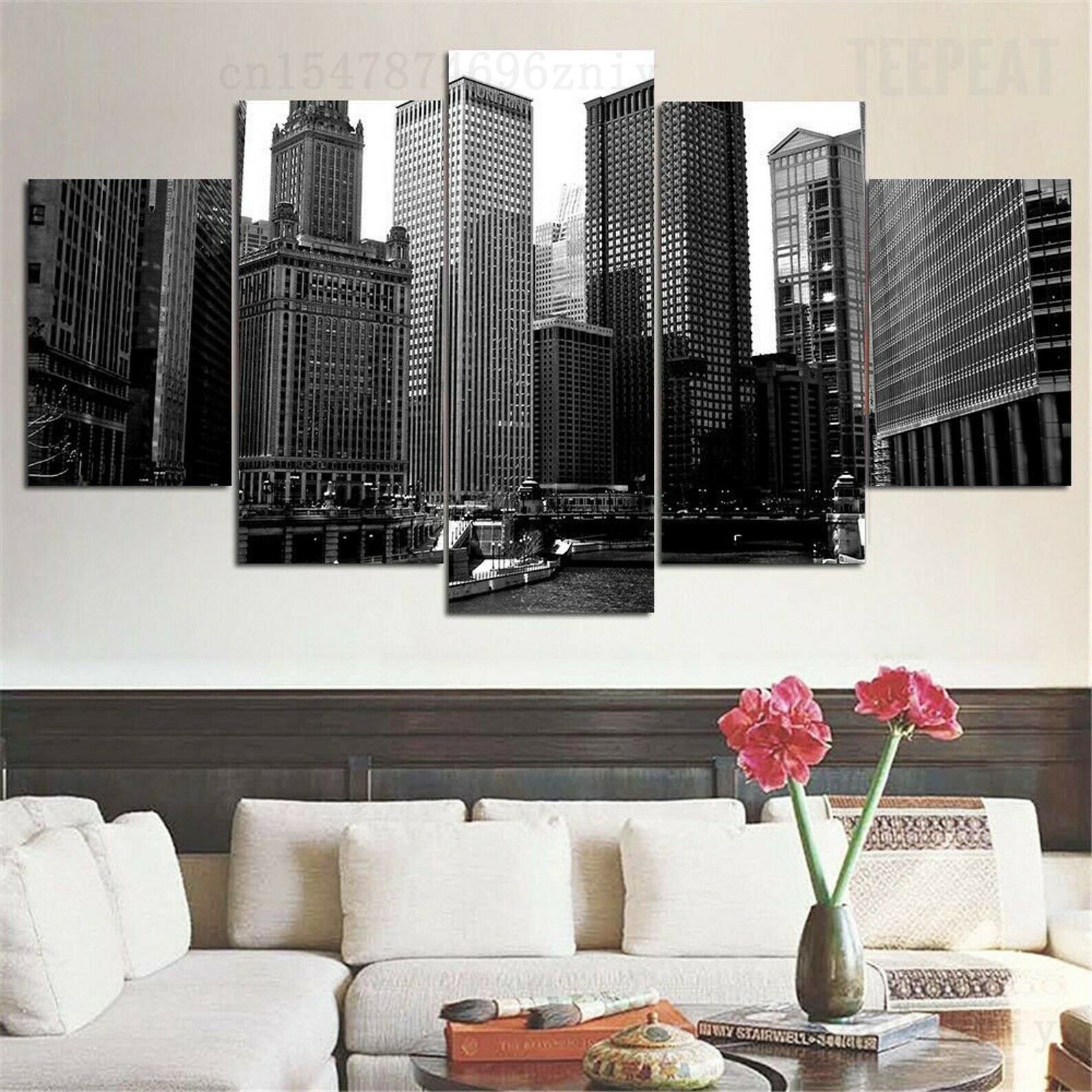5 Pieces Chicago Cityscape Black & White Poster Canvas Print Wall Art Paintings HD Print Room Decor Pictures No Framed 5 Panel