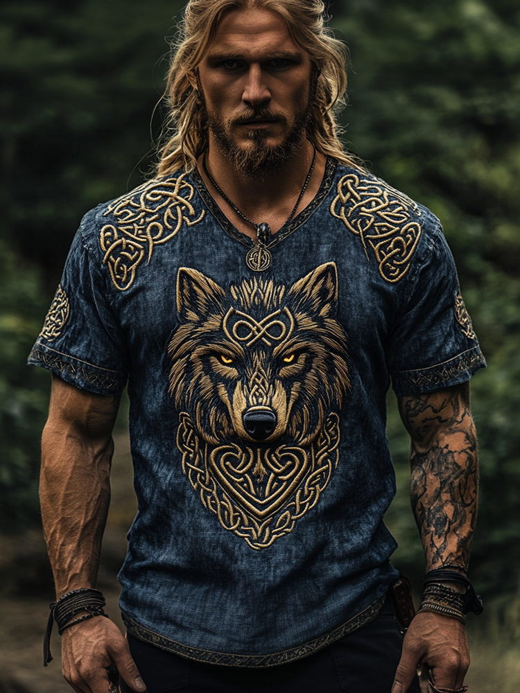 Men's Viking Tribal Knot Art Wolf Pattern Round Neck Linen T-Shirt / Rvogue / Rvogue