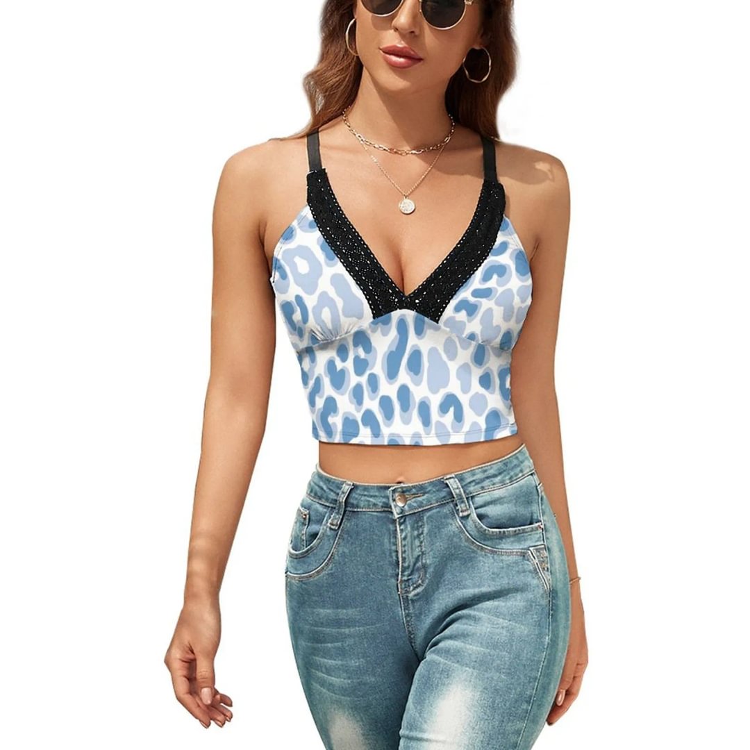 Blue Leopard Lace Sleeveless Vest Casual Backless Spaghetti Adjustable Strappy Y2K Shirts Camisoles - neewho
