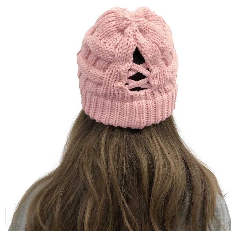 Wish New Bamboo Cross Ponytail Knitted Hat Back Opening Women’s Wool Warm Hat