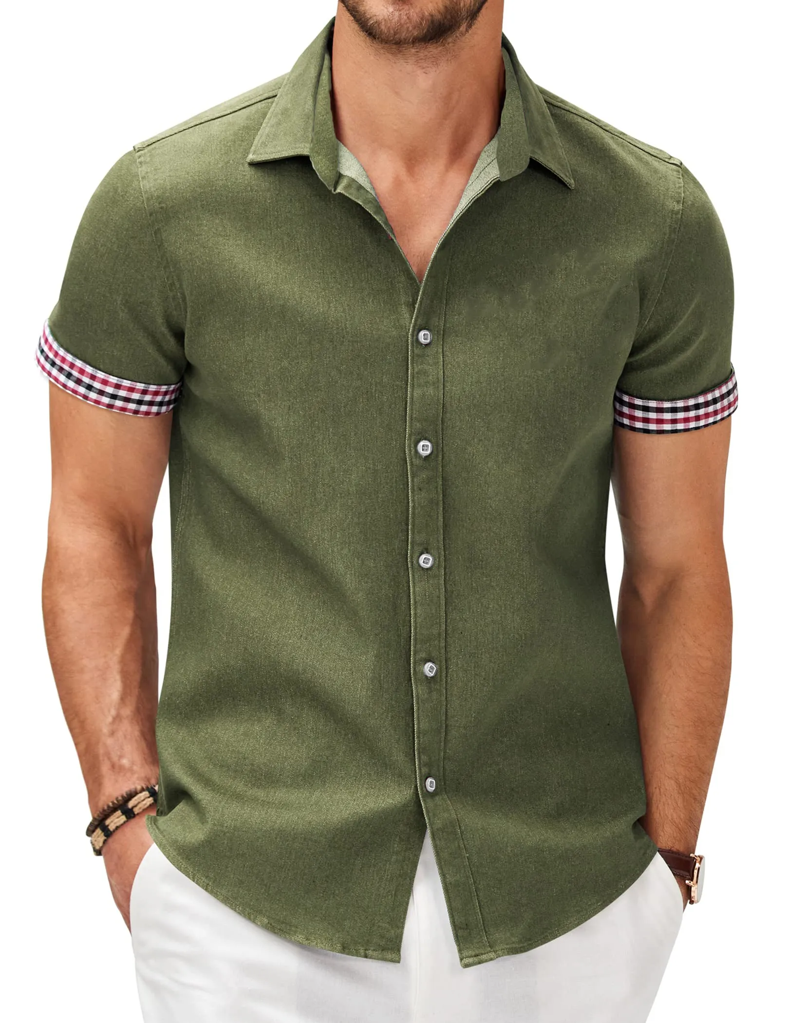 Men's Fashion Plaid Linen Patchwork Short Sleeve Shirt PLUSCLOTHESMAN