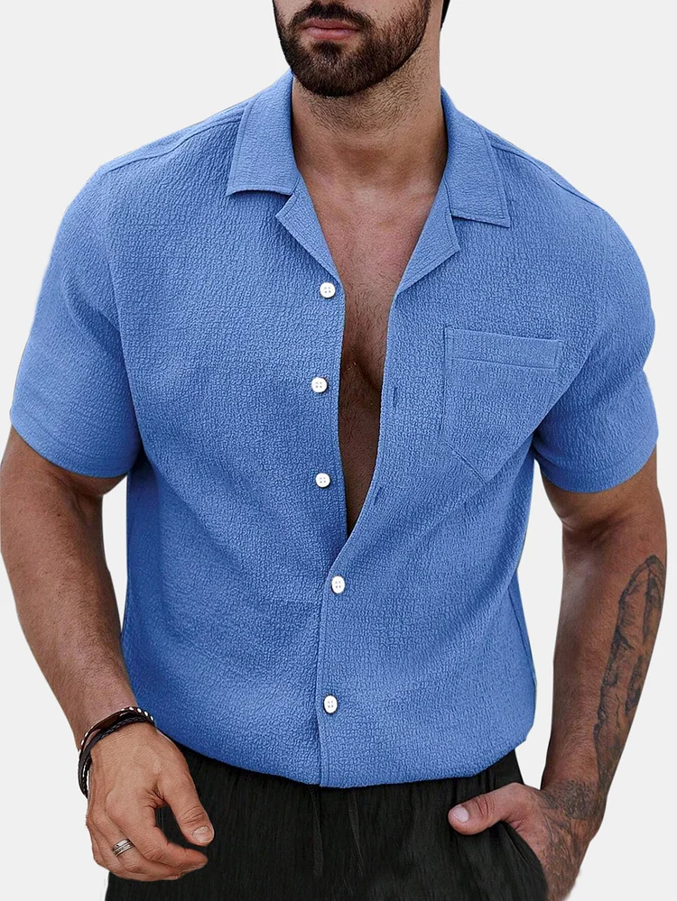 Men's Summer Simple Casual Solid Color Pocket Textured Short Sleeve Shirt