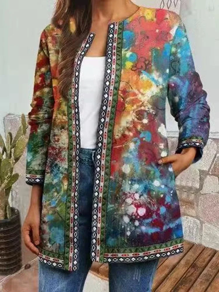 Women Long Sleeve Floral Printed Colorblock Casual Loose Simple Cardigan