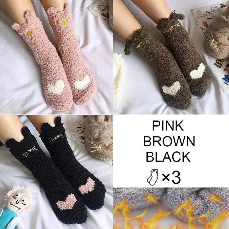 FINETOO 3Pair/Set Women Autumn and Winter Socks Plush  Thick Warm Socks Coral Velvet Animal Sleeping Non-slip Home Floor Socks