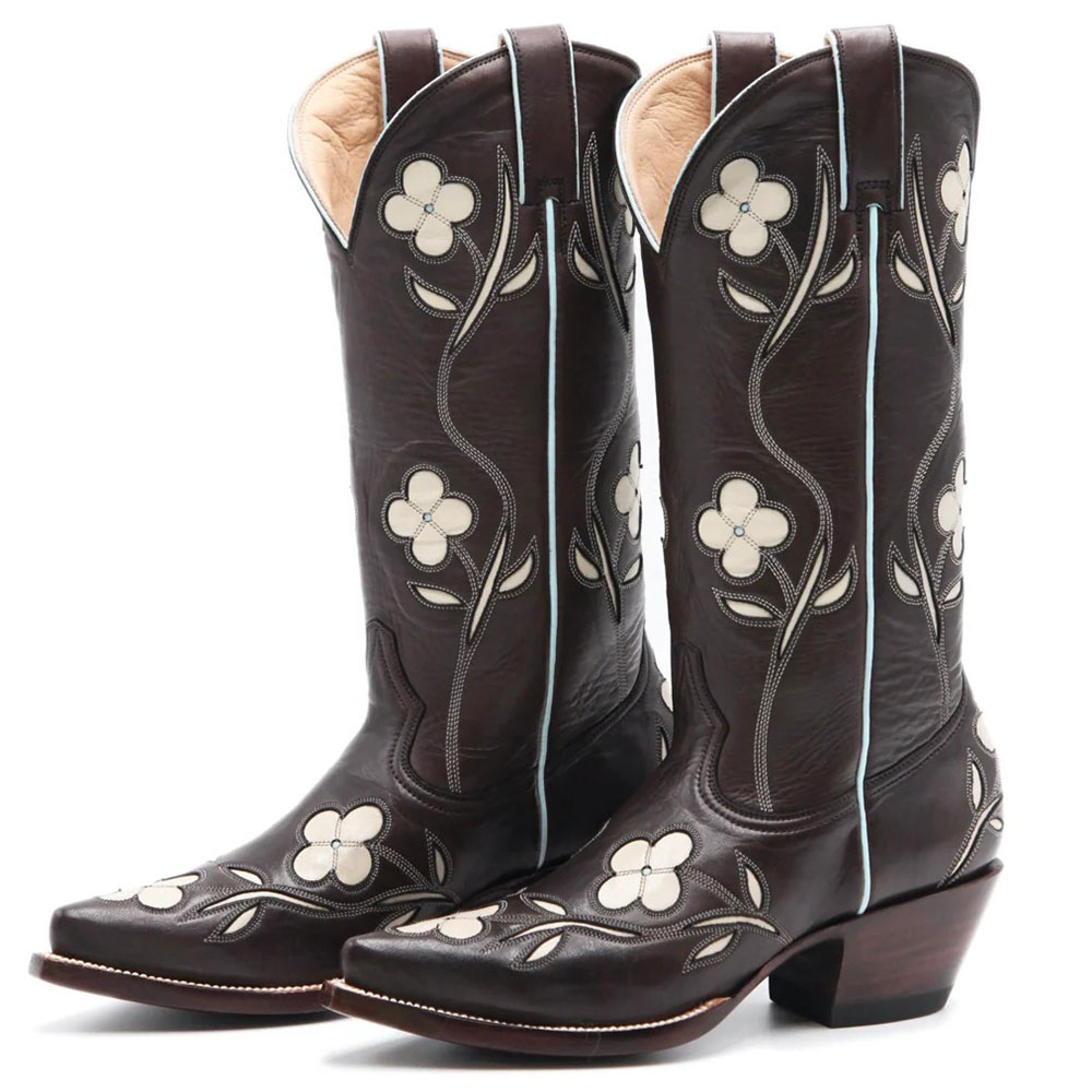 Chocolate Brown Floral Inlay Mid-Calf Cowgirl Boots with Block Heel Nicepairs