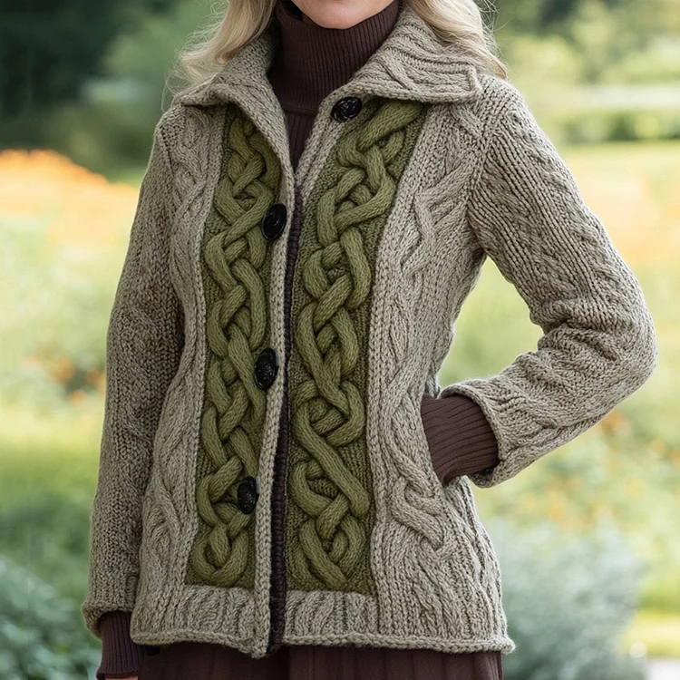 Women's Celtic Knot Pattern Lapel Button Sweater