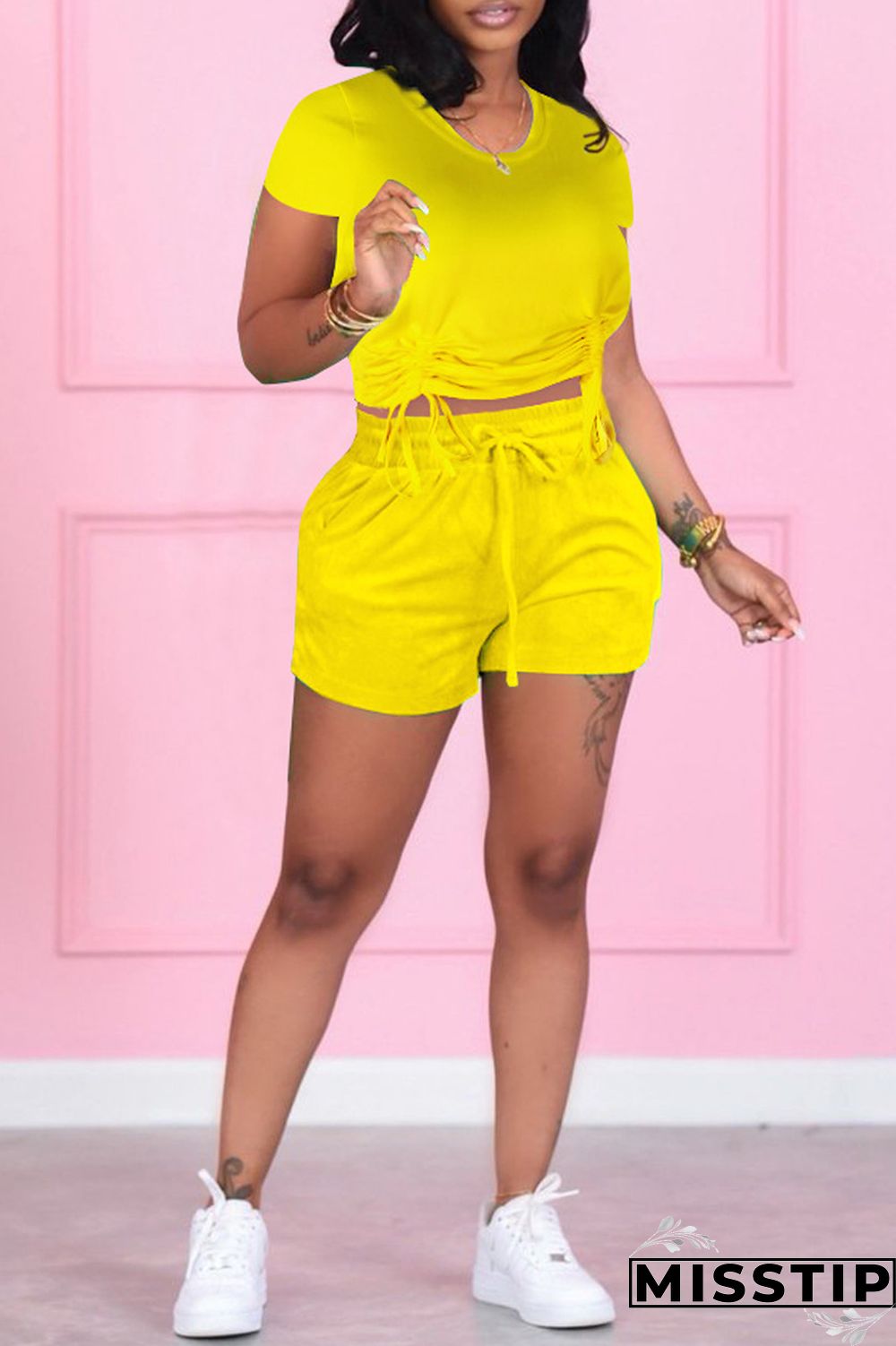 White Fashion Casual Solid Bandage O Neck Short Sleeve Two Pieces