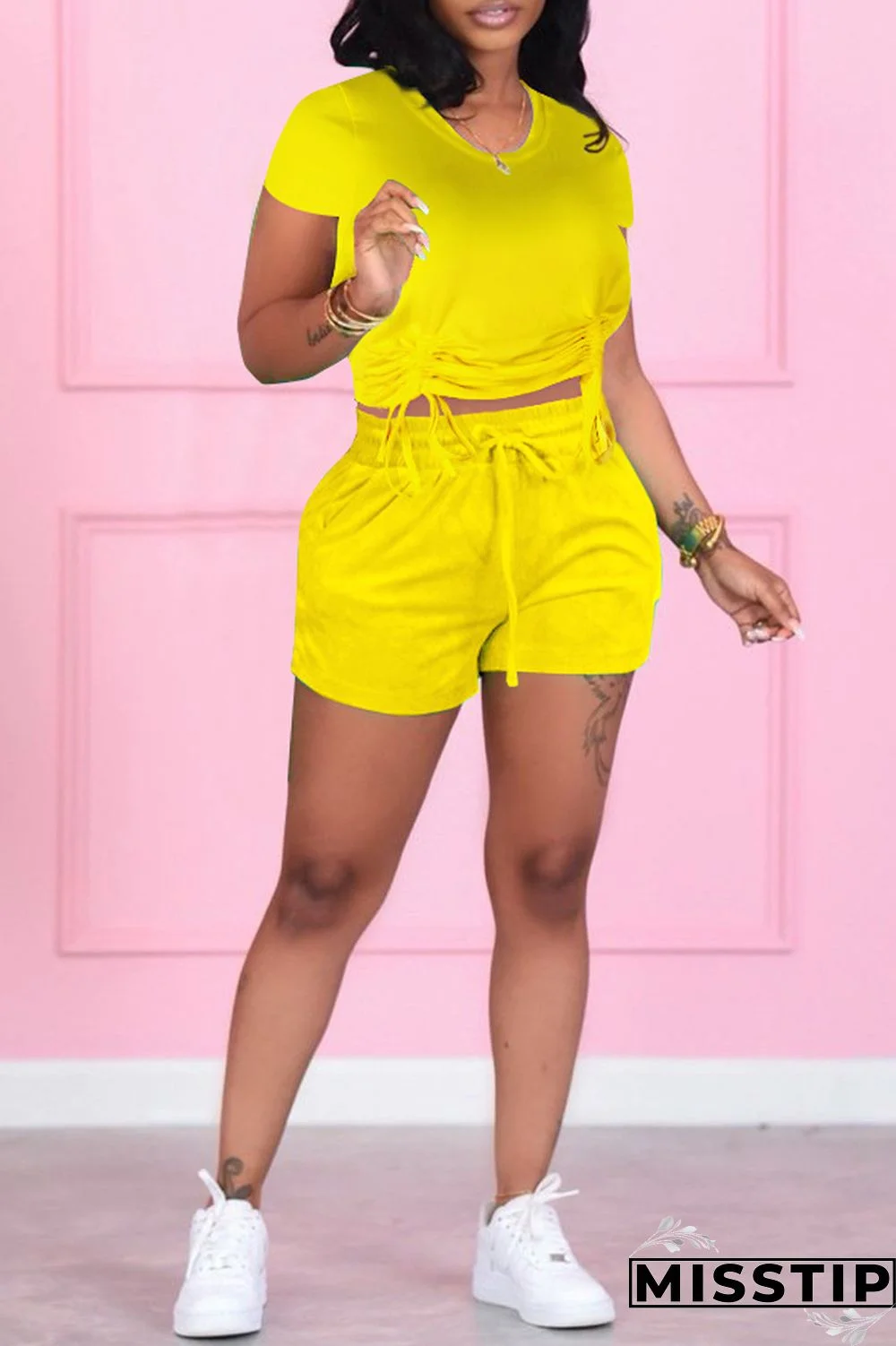 White Fashion Casual Solid Bandage O Neck Short Sleeve Two Pieces