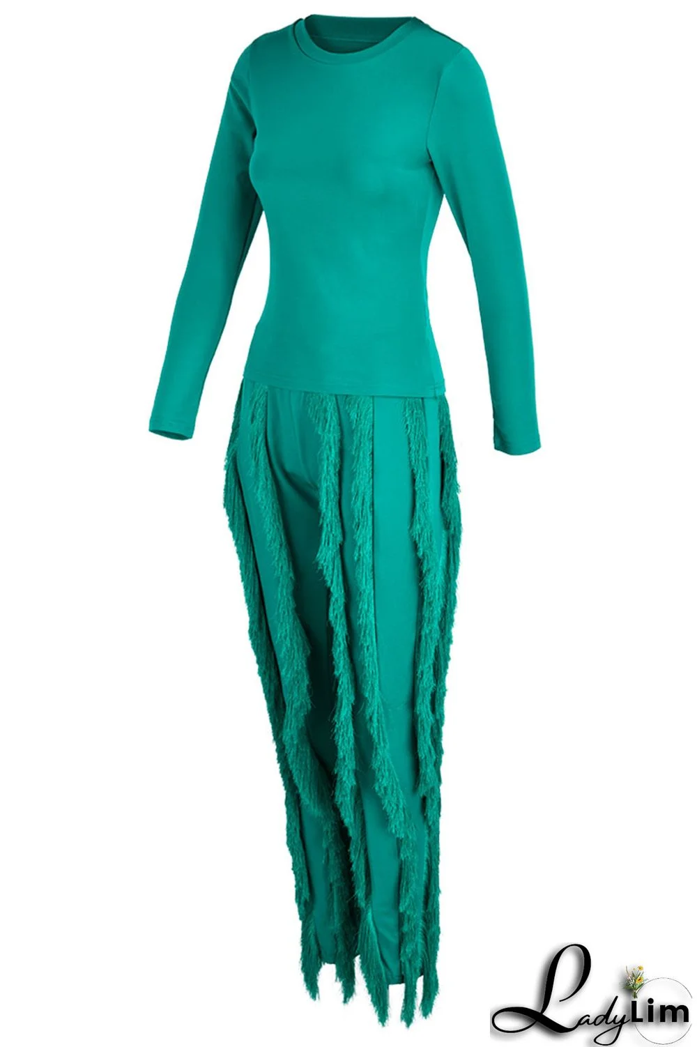 Orange Fashion Casual Solid Tassel Patchwork O Neck Long Sleeve Two Pieces