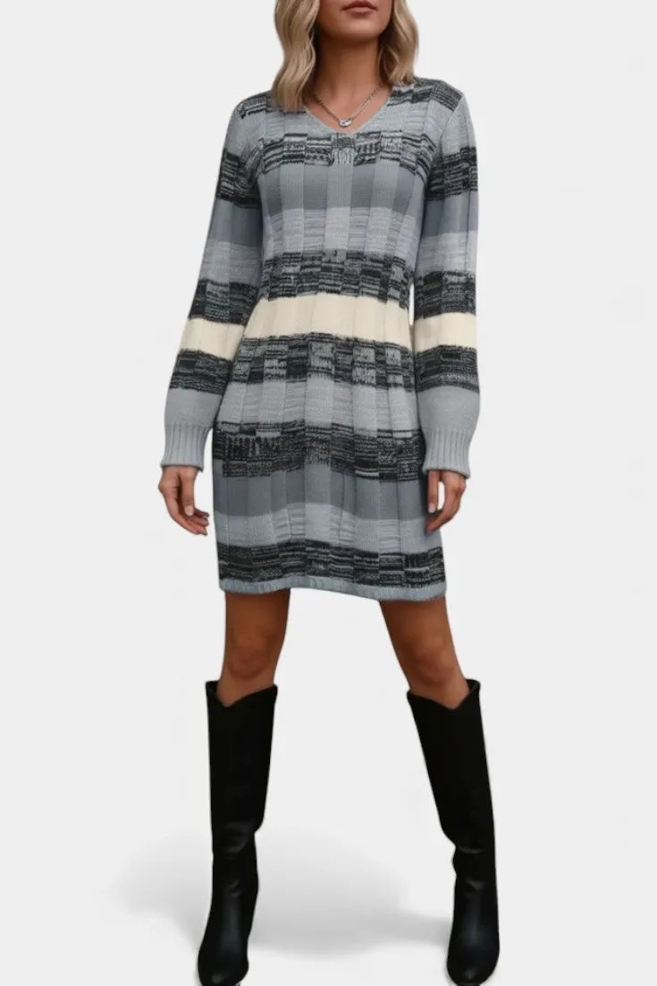 Layered Striped Knit Dress with Long Sleeves