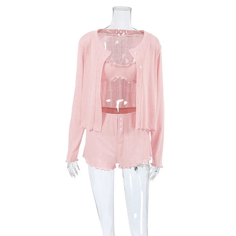 Knitted Skin-friendly Long-sleeved Cardigan Underwear Shorts Three-piece Pajamas