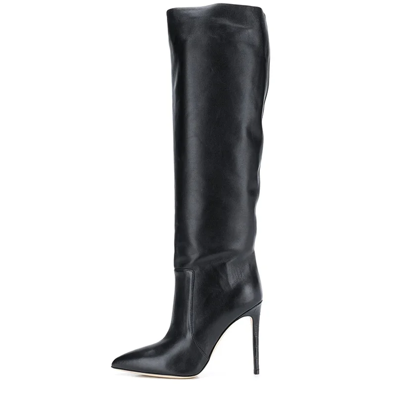 Women's Black Plus Size Fashion Sexy knee-length High Heel Solid Color Pointed Toe Leather Boots Novameme