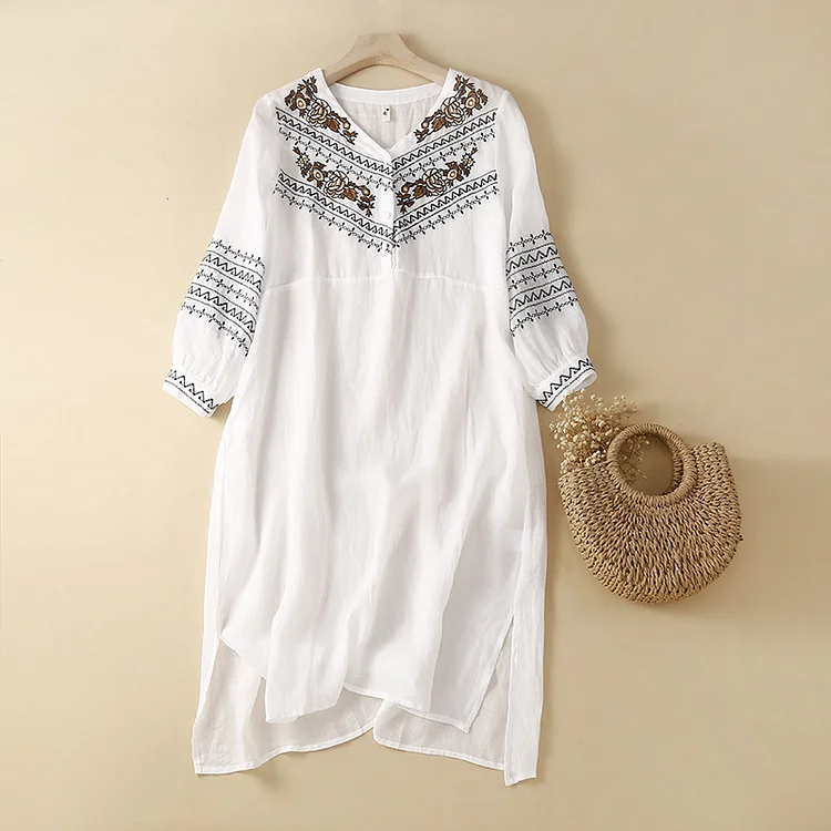 Women's Cotton Linen Dress Tribal Embroidery Floral V-Neck Linen Dress