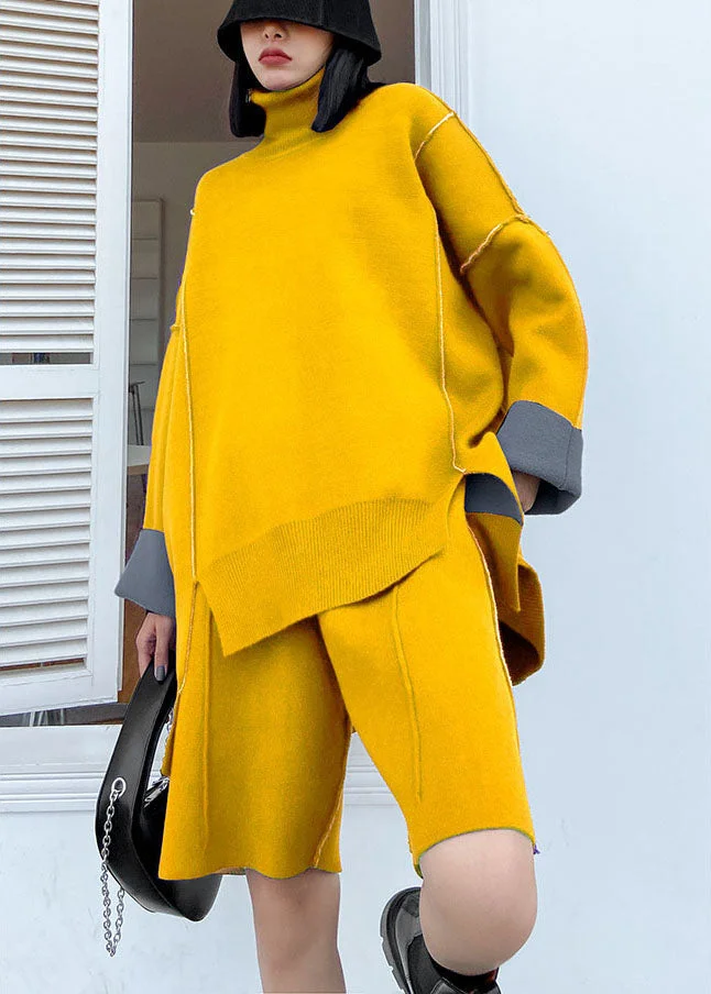 Plus Size Yellow Turtleneck Knit Casual Fall Two Piece Set