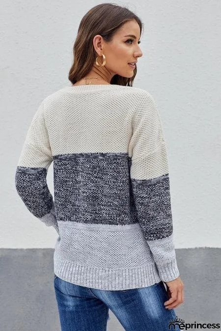 Gray Color Block Netted Texture Pullover Sweater