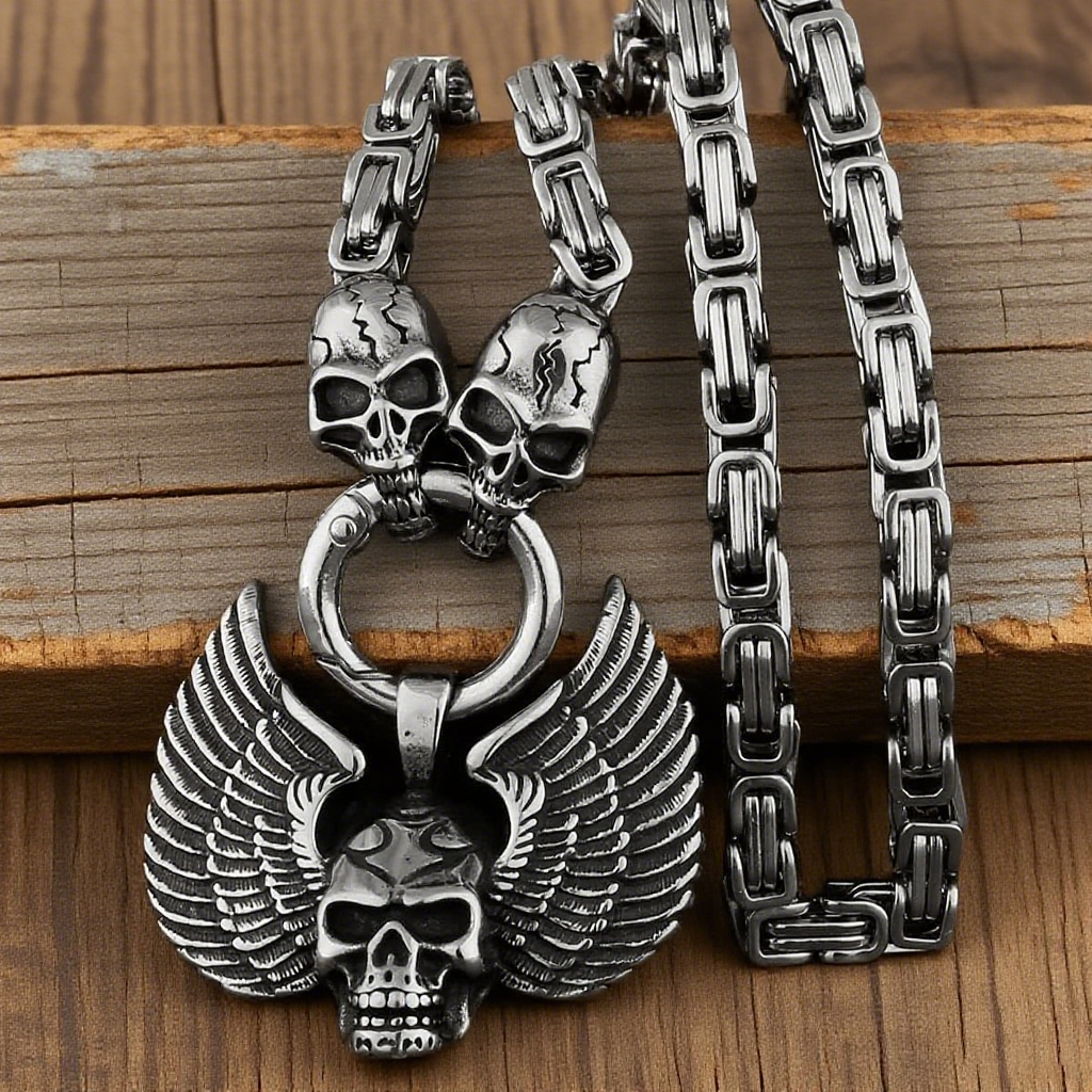 Double - Winged Majestic Skull Titanium Steel Pendant with Ghost Head Cha