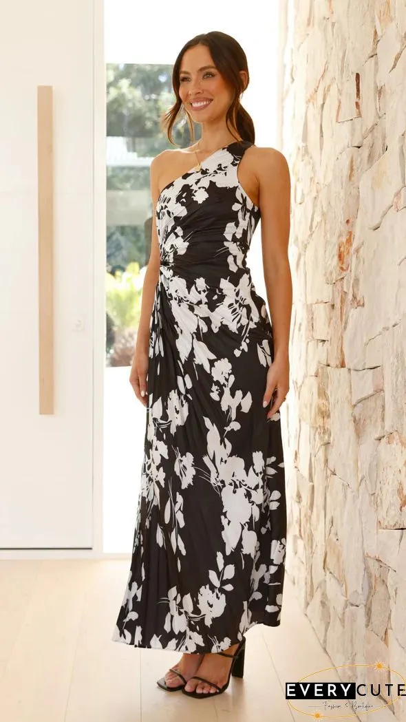 Adjustable One Shoulder Sleeveless Side Split Maxi Dress