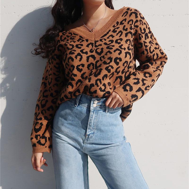 Leopard Brown V-Neck Women's Sweater