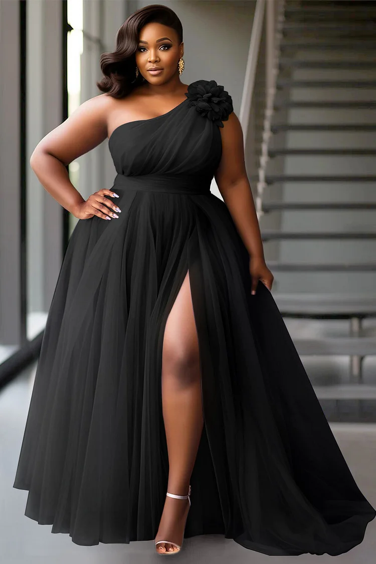 Xpluswear Design Plus Size Wedding Black Elegant Oblique Collar 3D Split Tulle Maxi Dresses [Pre-Order]
