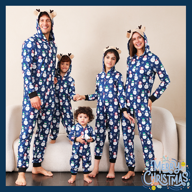 Snowmen Navy Blue Christmas Hooded Onesie Family Matching Pajamas Sets