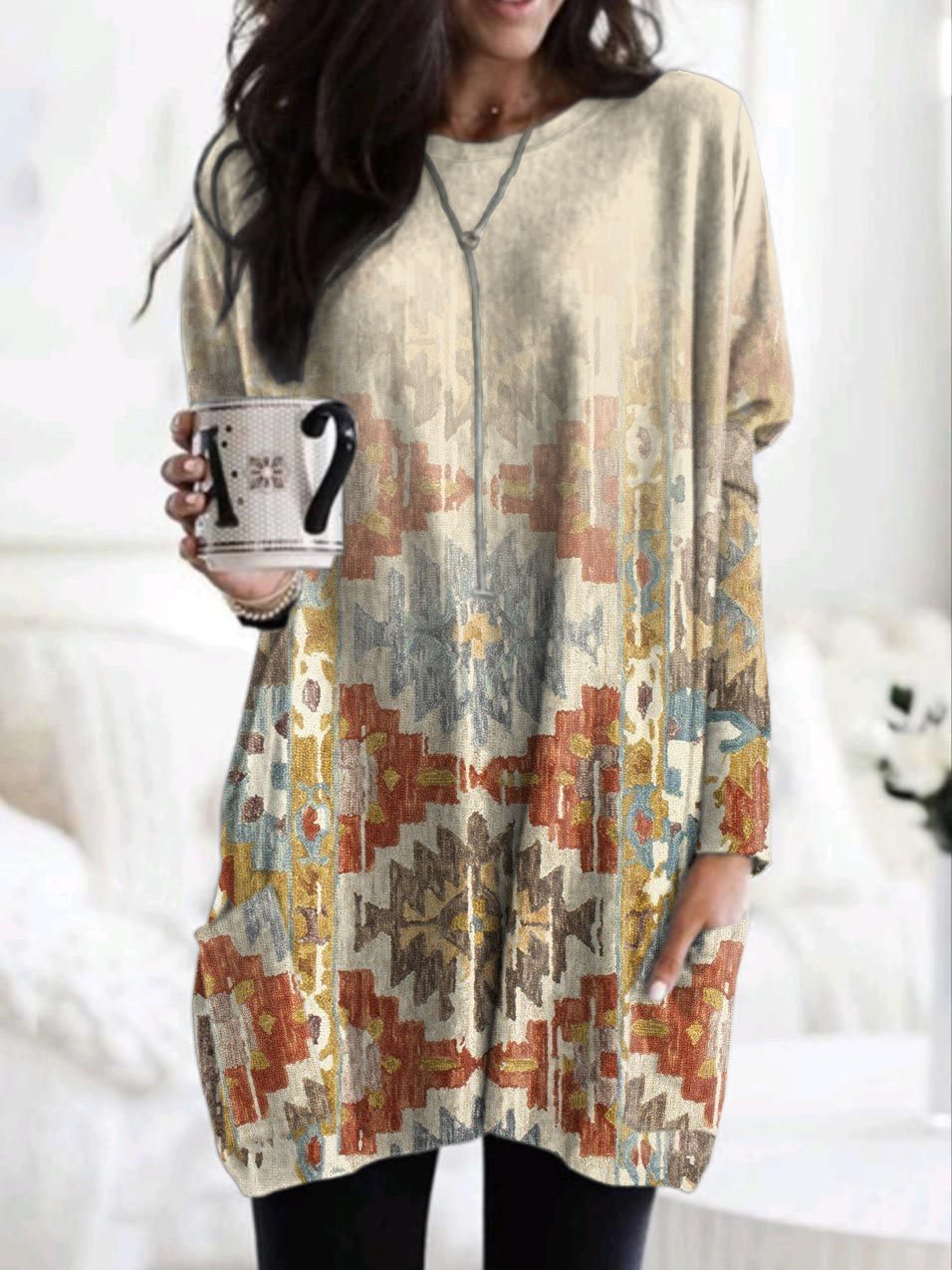 Vintage Print Pocket Skirt Long Sleeve Dress
