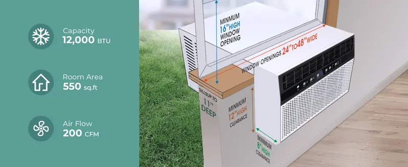 Product Introduction of ZAFRO  Window Air Conditioners. U-Shaped Air Condtioner Unit Cools up to 550 Sq. Ft. 6 Modes 24H Timer Energy-saving Window AC Units. Full Window View. Easy to Install. White 3