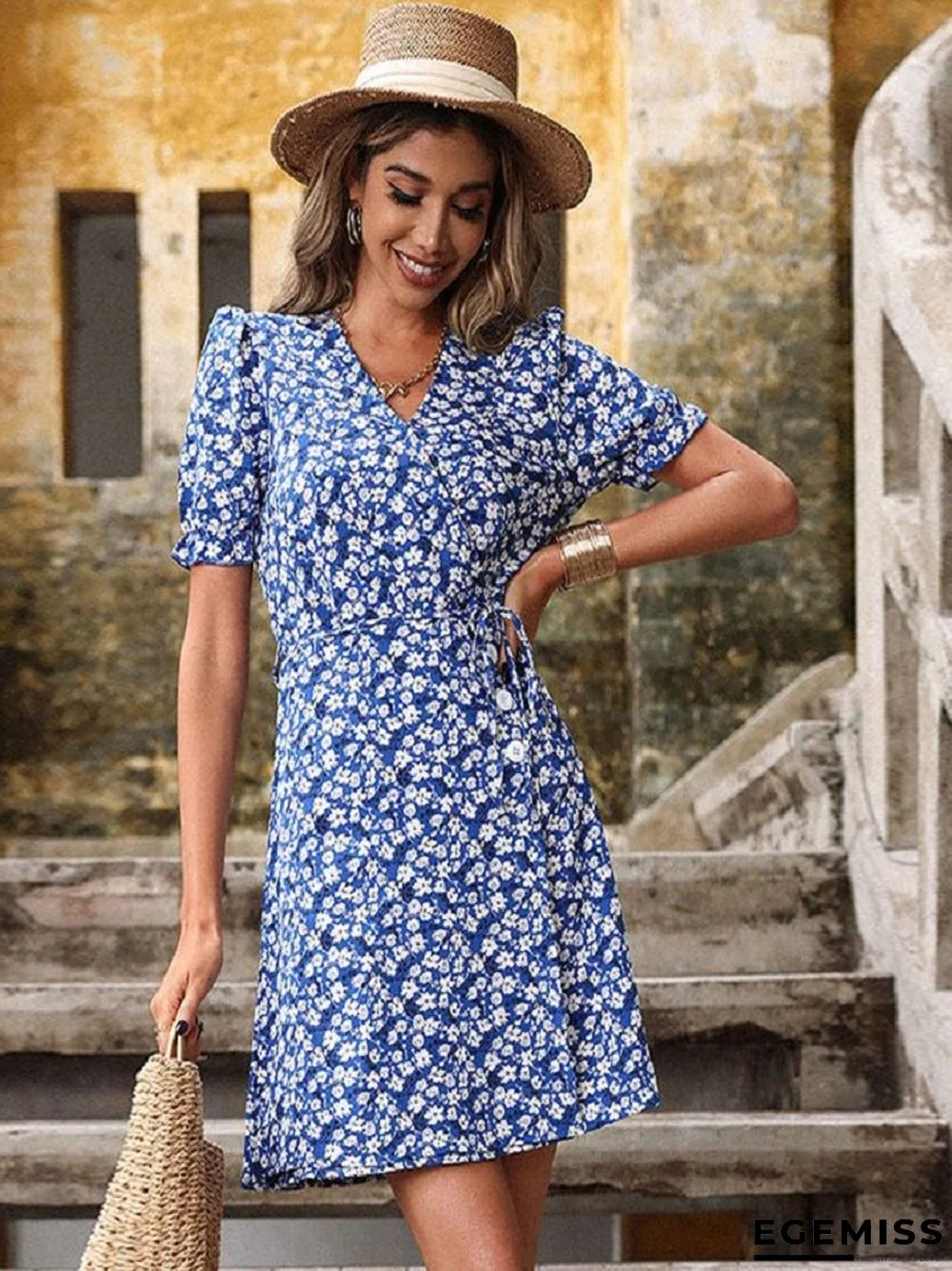Floral Skirt High Waist Slim V-neck Dress | EGEMISS