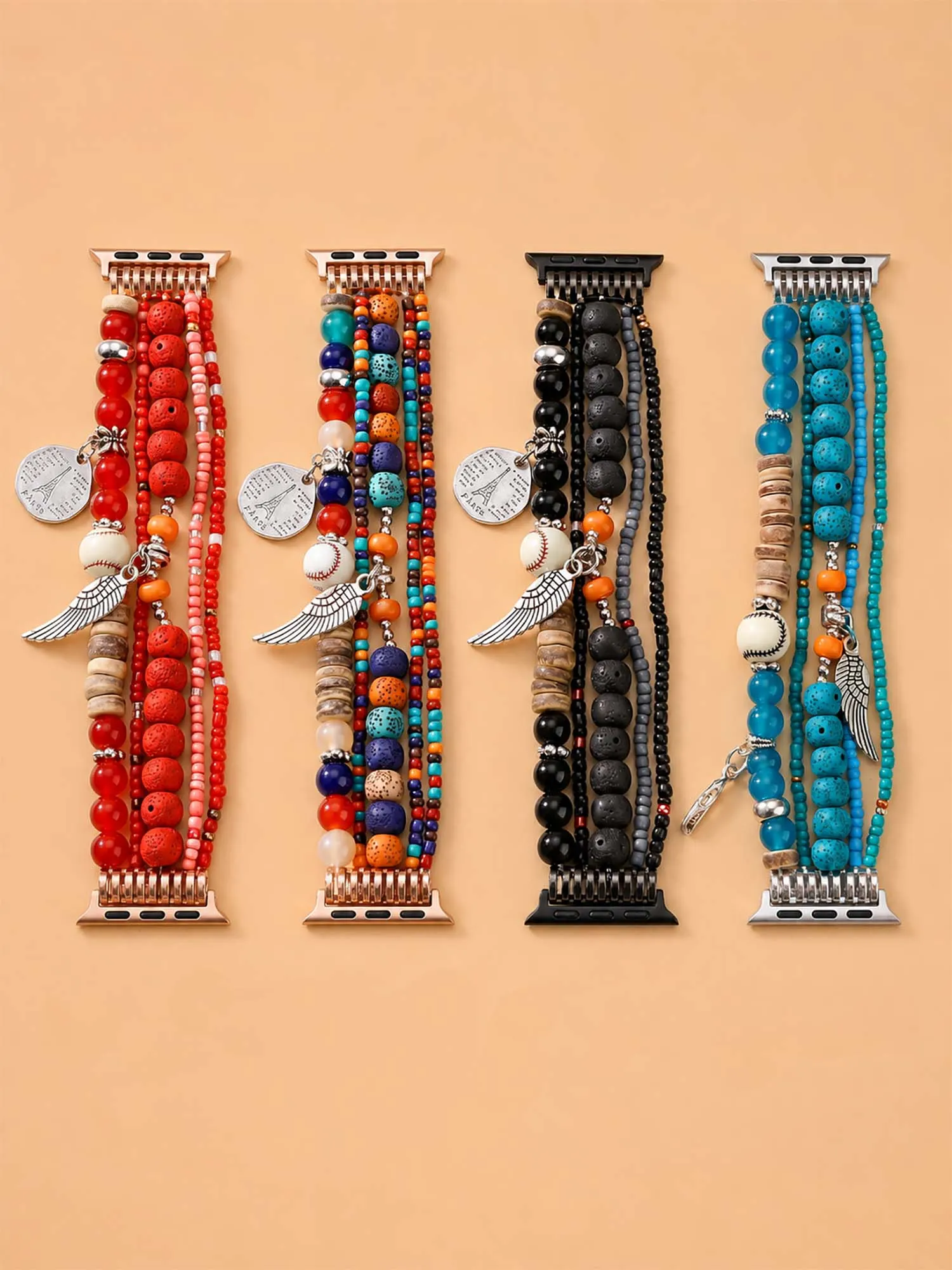 Boho Beaded Apple Watch Band | Multilayer Ethnic Seed Bead Strap with Wing Charm