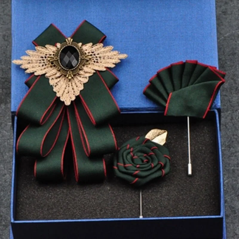 Fashion New Casual Multilayer Bowtie Diamond Brooch Rhinestone Red Bow Tie Brooch Set Wedding Groom Groomsmen Pocket Square Men