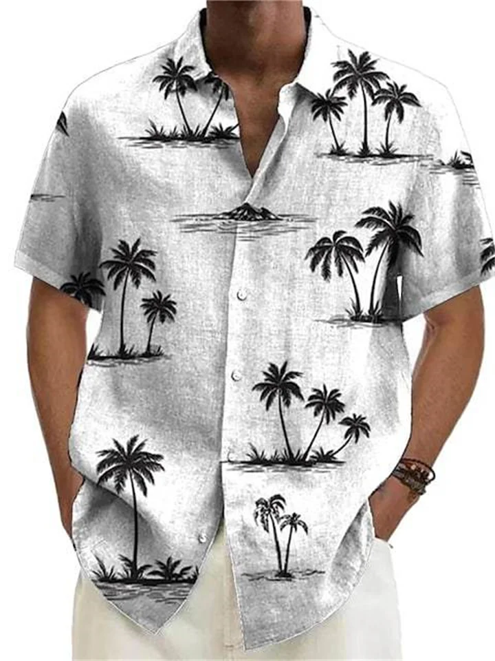 Summer Shirt Coconut Tree Print Lapel Gray Purple Green Blue