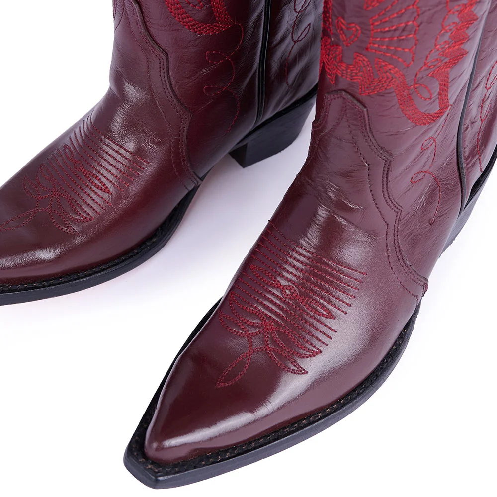 Burgundy Eagle Embroidery Chunky Heel Cowboy Boots for Women