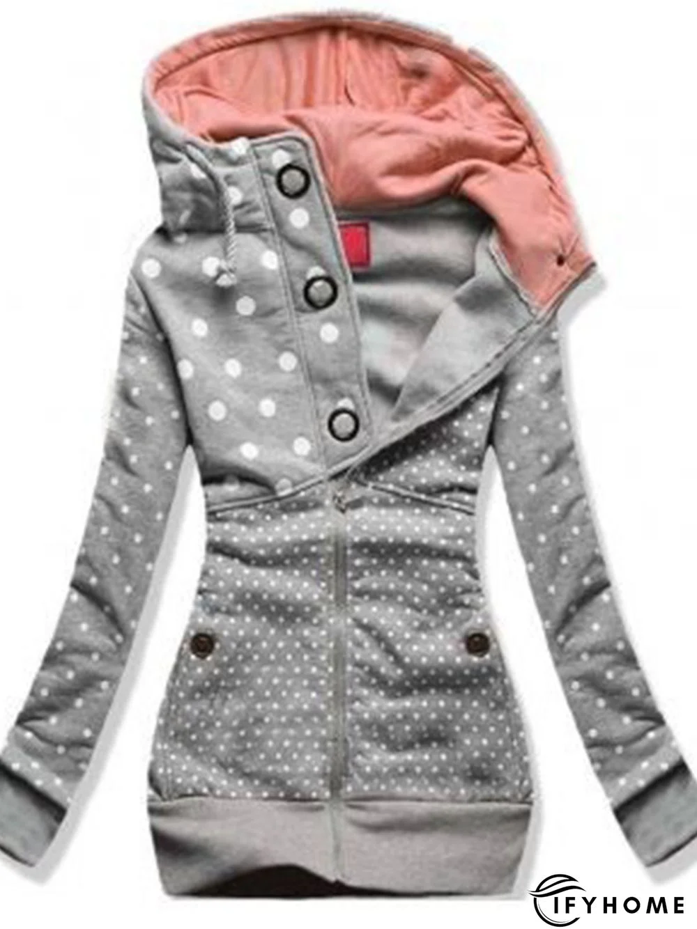 Gray Long Sleeve Polka Dots Hoodie Fleece Coat | IFYHOME