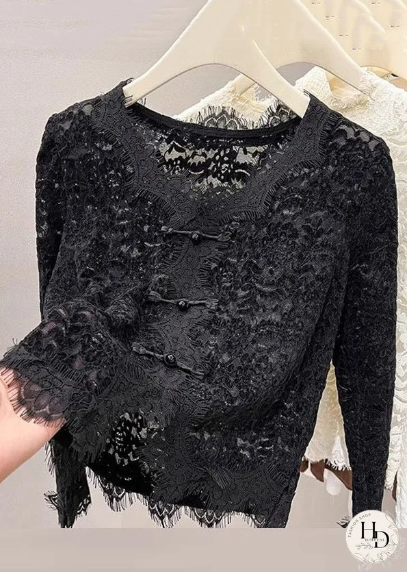 Novelty Black V Neck Button Lace Tops Spring