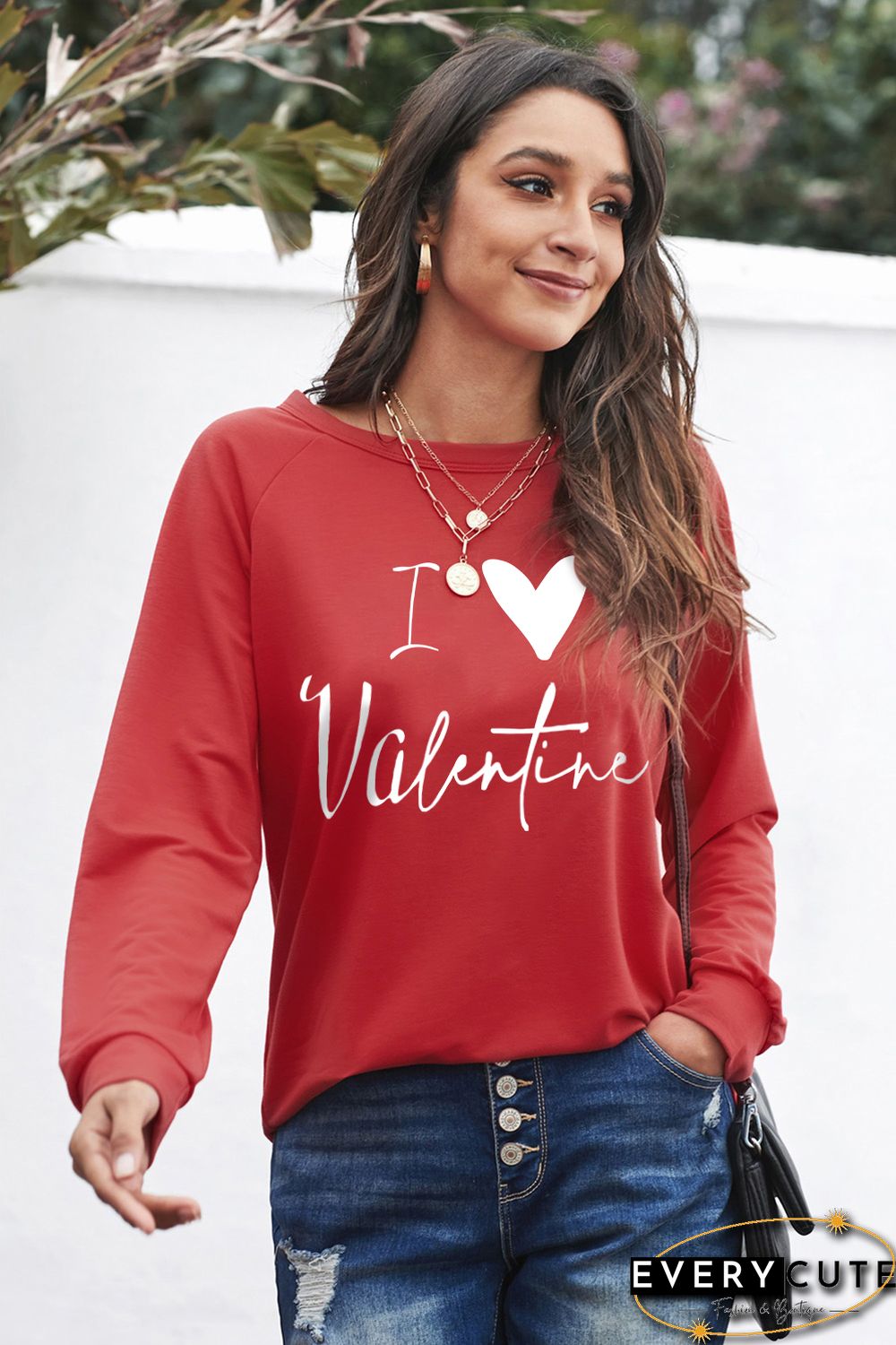 Red I Love Valentine Heart Flocking Pullover Sweatshirt