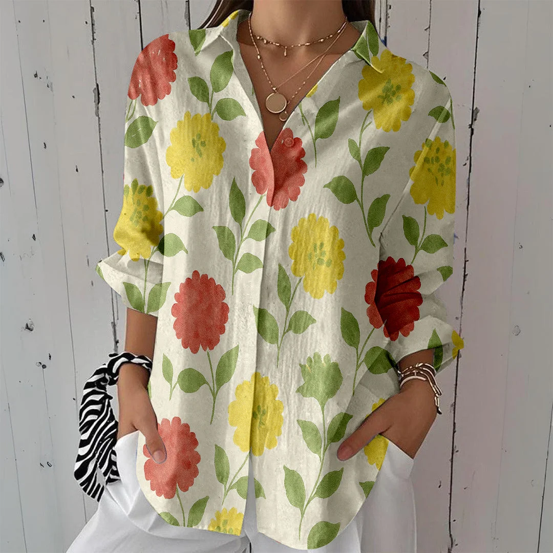 Style & Comfort for Mature Women Women Flowers, Yellow, Red DZCL0382 3/4 Sleeve Shirt Collar Printed Button Tops